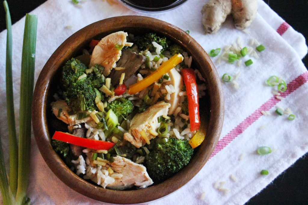 Velvet Chicken Stir Fry with Warm Ginger Vinaigrette